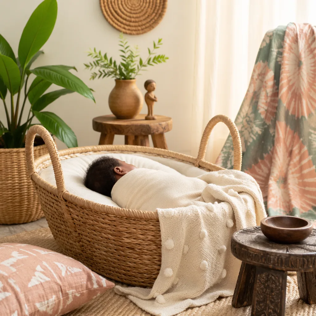 A cozy Yoruba-inspired nursery with a swaddled newborn in soft natural light.