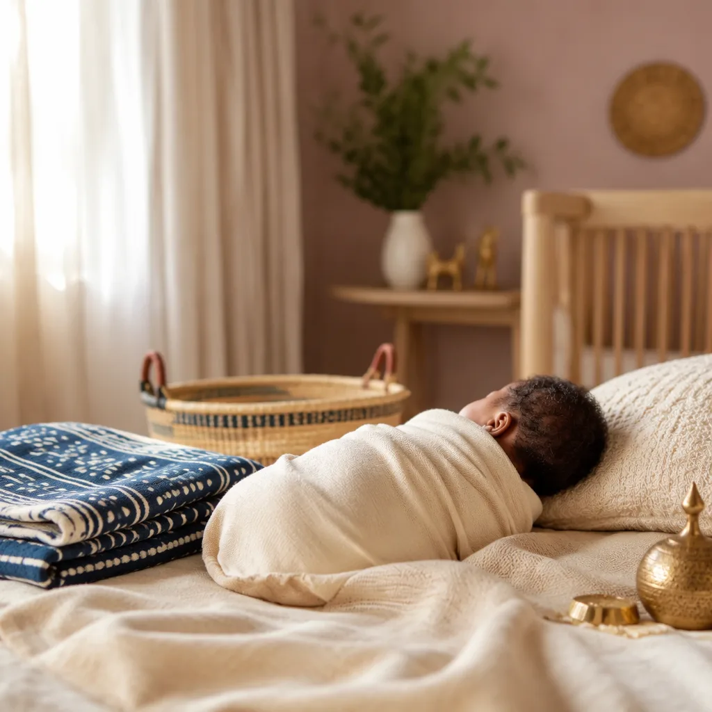 A peaceful Yoruba-inspired nursery with a swaddled baby, soft adire blanket, and warm natural light.