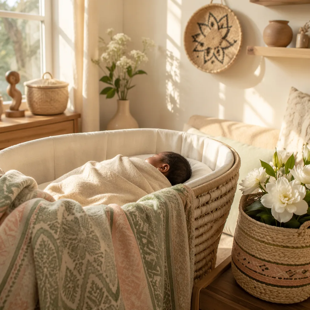 A softly lit Yoruba-inspired nursery with a sleeping swaddled baby and cozy pastel decor.