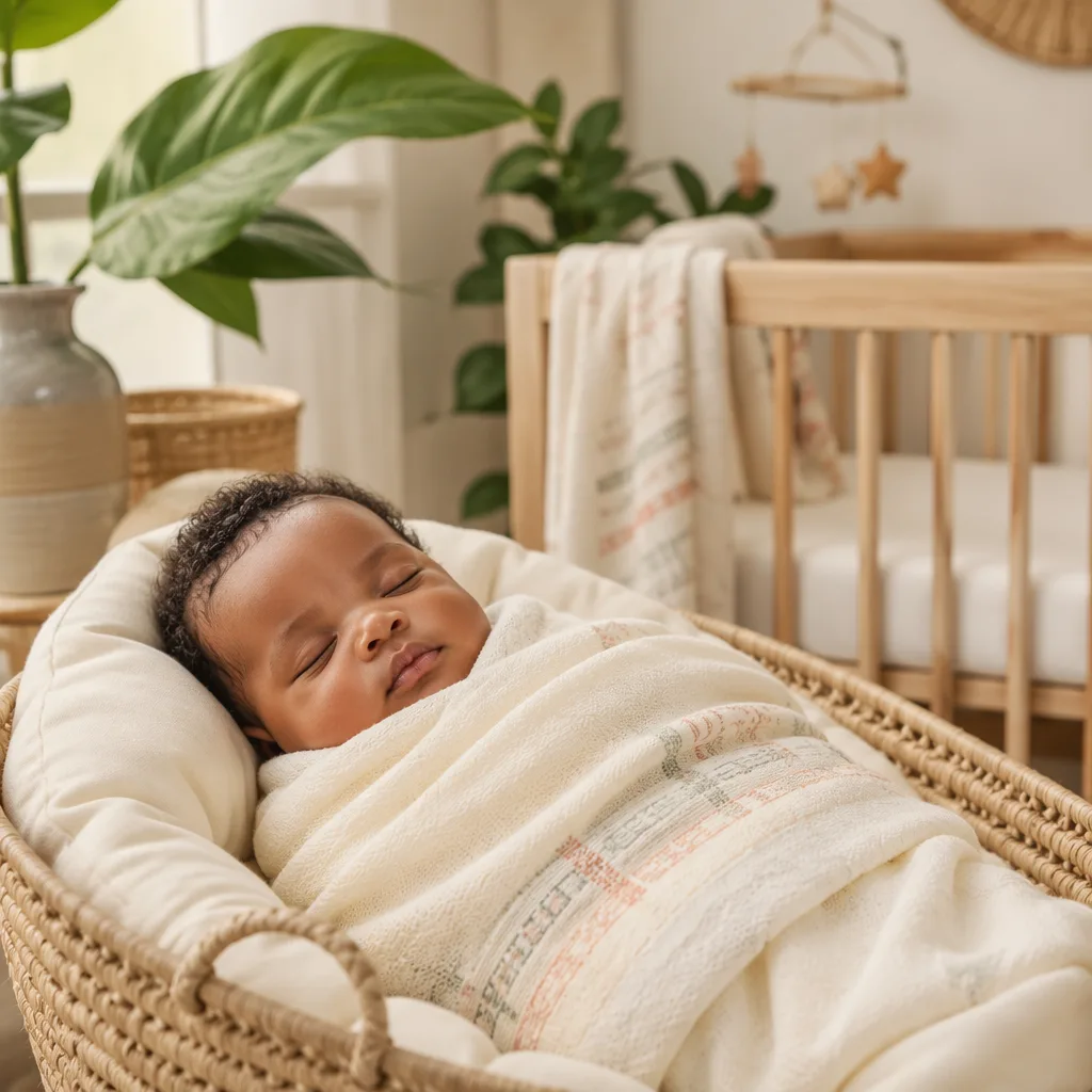 Peaceful Yoruba baby in a warm pastel nursery with soft natural light.