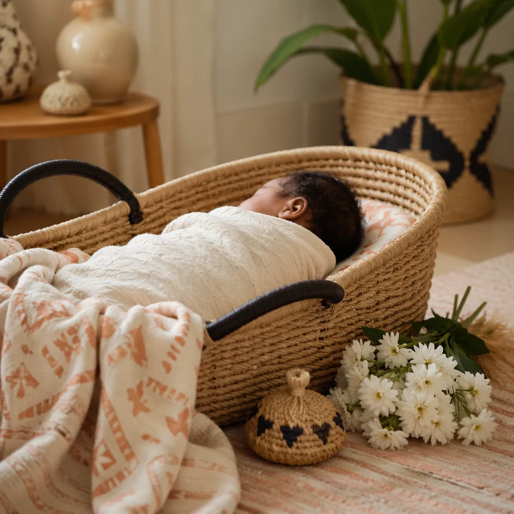 A peaceful Yoruba-inspired nursery with a swaddled newborn in soft natural light.