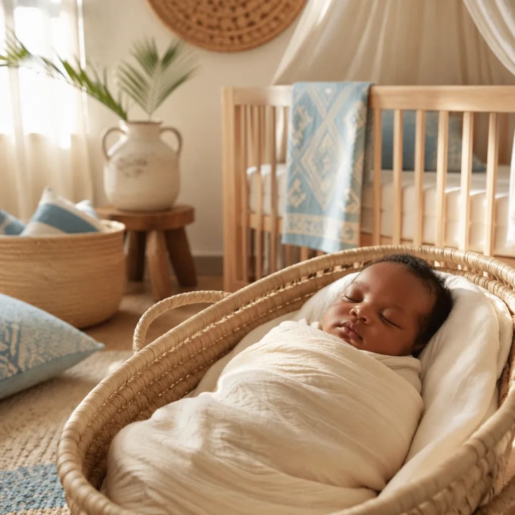 Sleeping newborn in a soft Swahili-inspired nursery with woven decor and warm natural light.