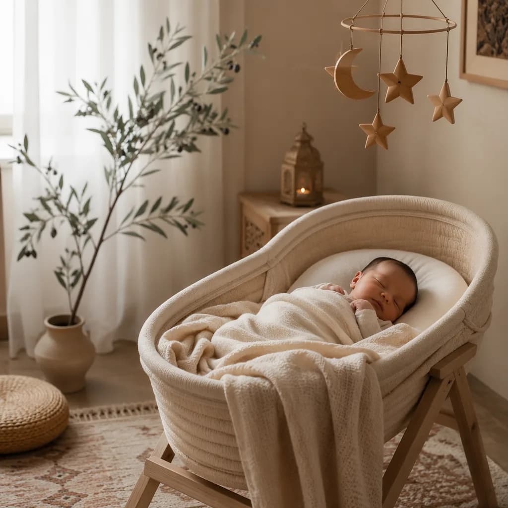 A peaceful Arabic-inspired nursery with a sleeping newborn and soft crescent decor.