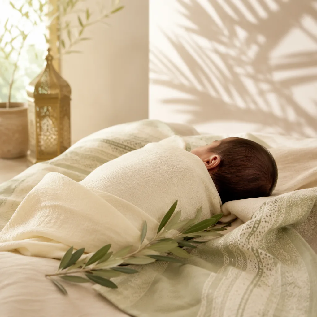 Sleeping swaddled baby in a soft Arabic-inspired nursery with warm natural light.