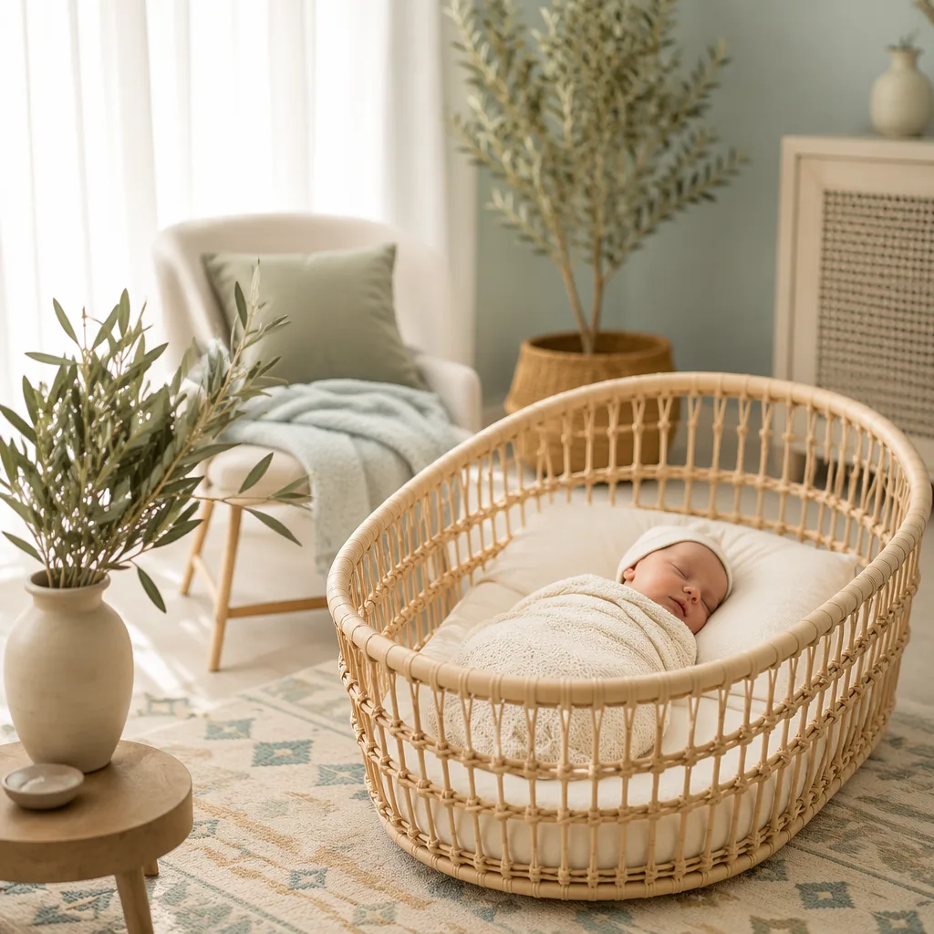 A peaceful swaddled newborn in a warm, softly lit Arabic-inspired nursery.