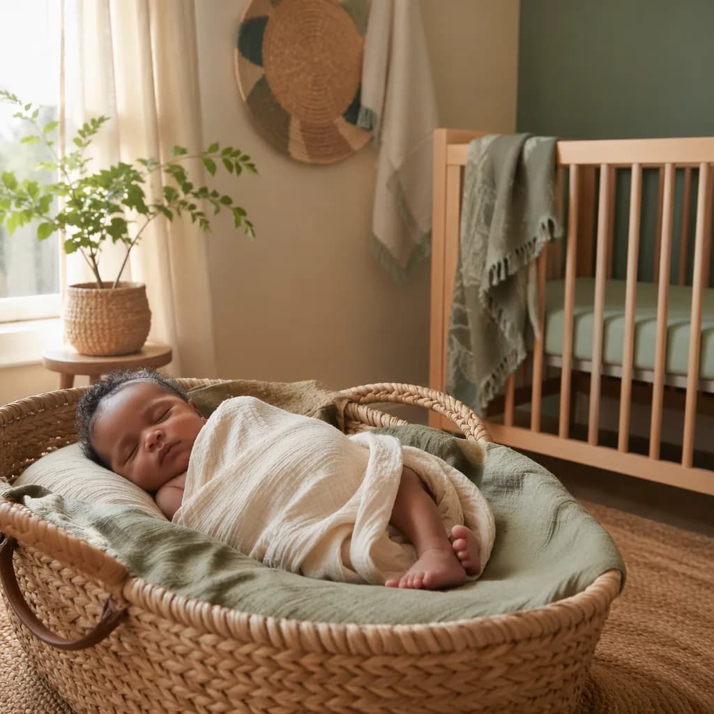 A peaceful pastel nursery with a swaddled sleeping baby, woven accents, and soft natural light.