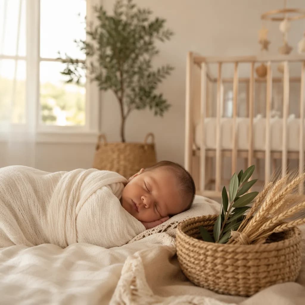 Sleeping swaddled baby in a soft nursery with barley sheaf and olive branches
