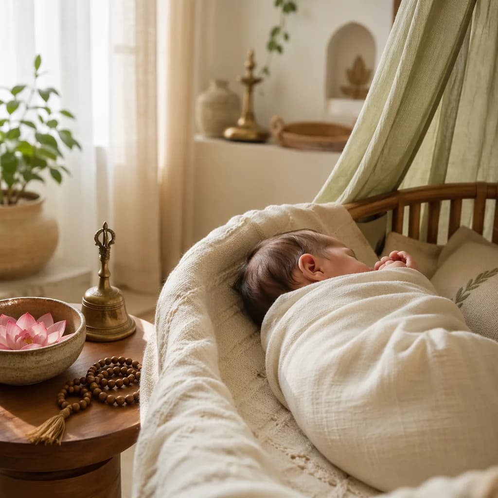 Peaceful pastel nursery with a sleeping swaddled baby and subtle Sanskrit-inspired details.