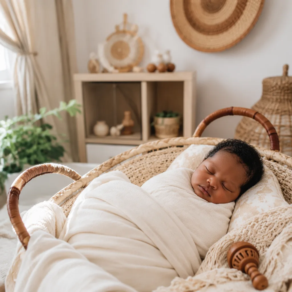 A peacefully sleeping baby in a soft Yoruba-inspired nursery with warm pastel accents.