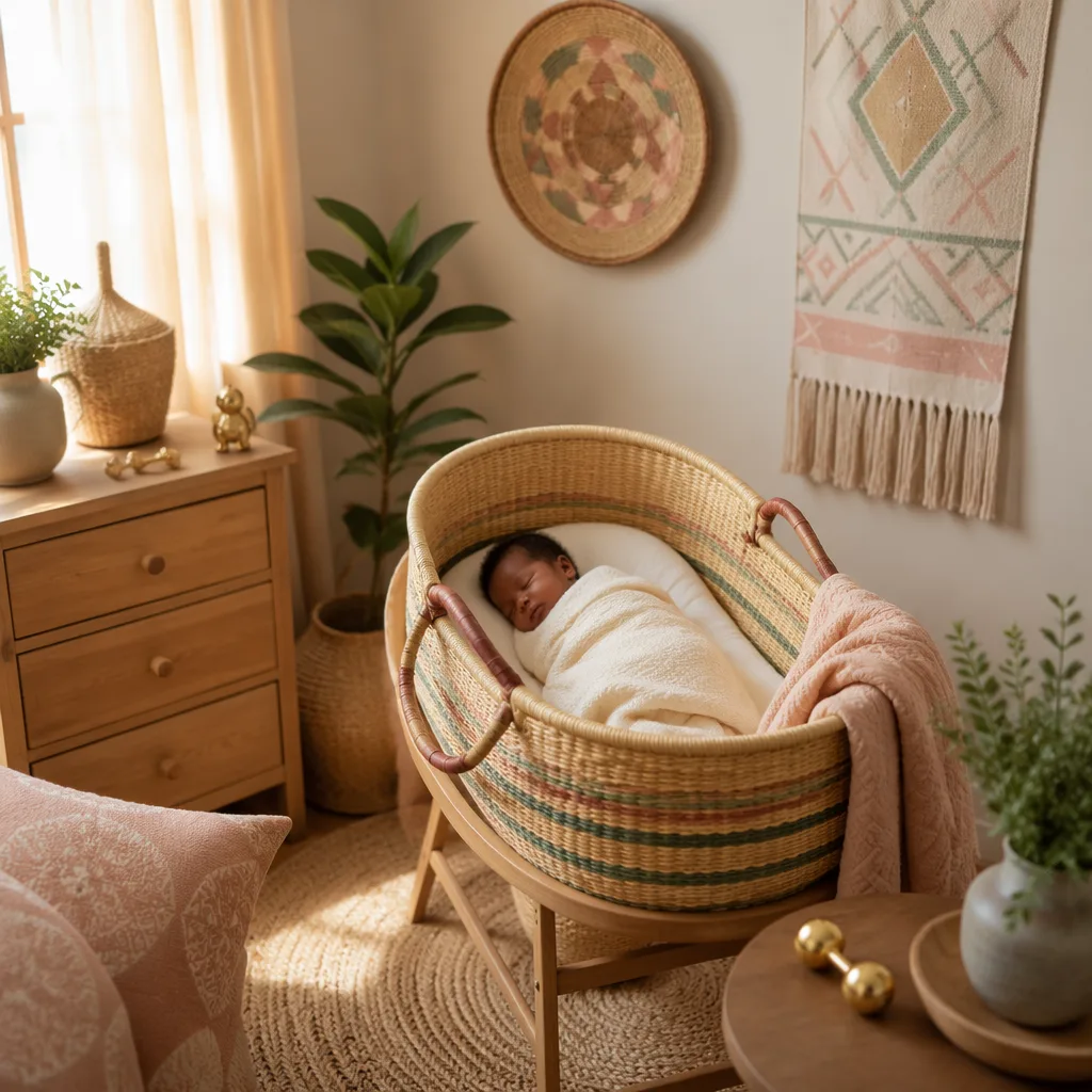 A peaceful newborn in a cozy pastel nursery with subtle Yoruba-inspired accents.
