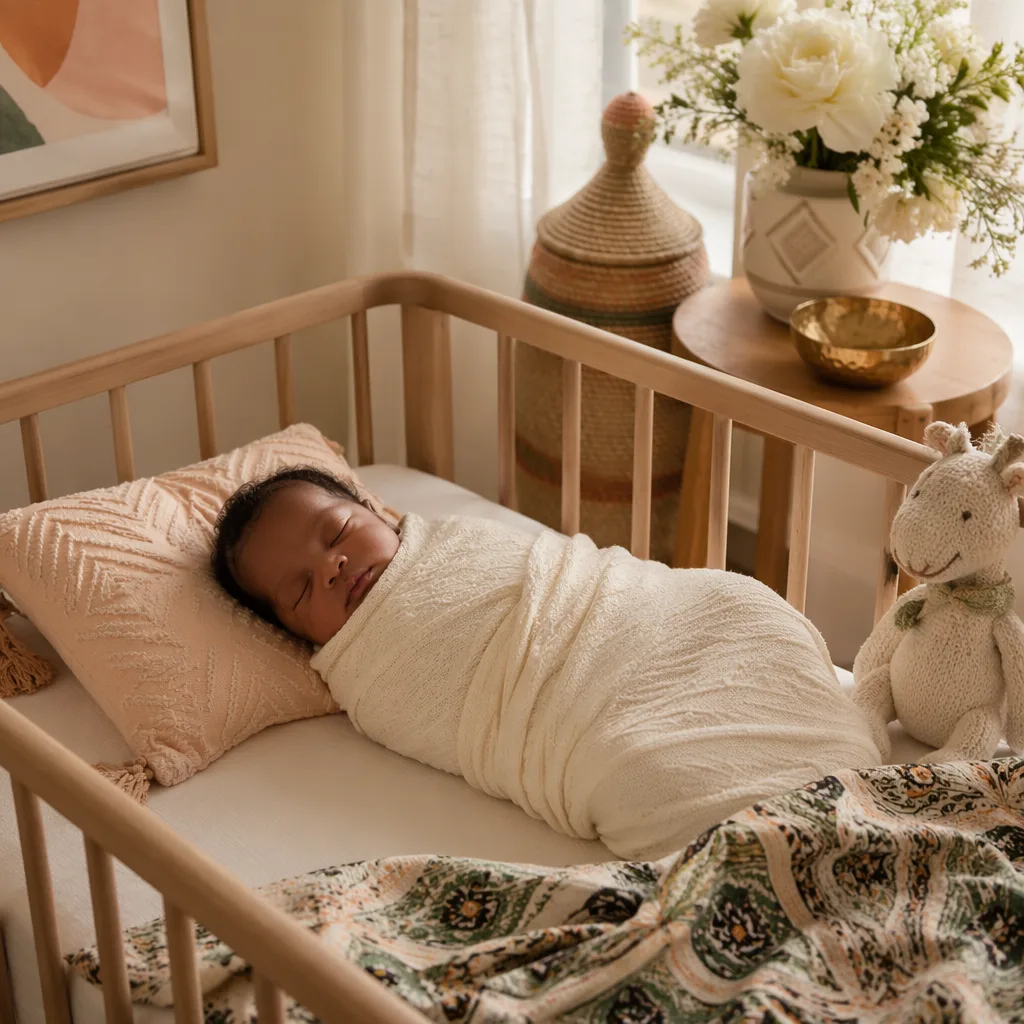 Peaceful Nigerian baby nursery with a sleeping newborn, soft pastels, and subtle Yoruba-inspired accents.