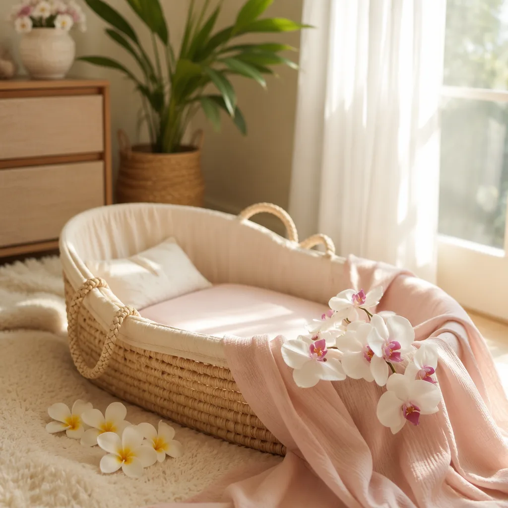 Soft Hawaiian-inspired nursery with bassinet and pastel tropical flowers.
