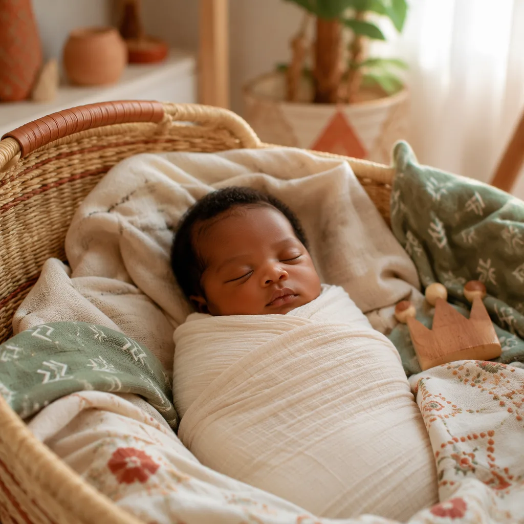 Peaceful newborn in a soft pastel nursery with warm Igbo-inspired accents.