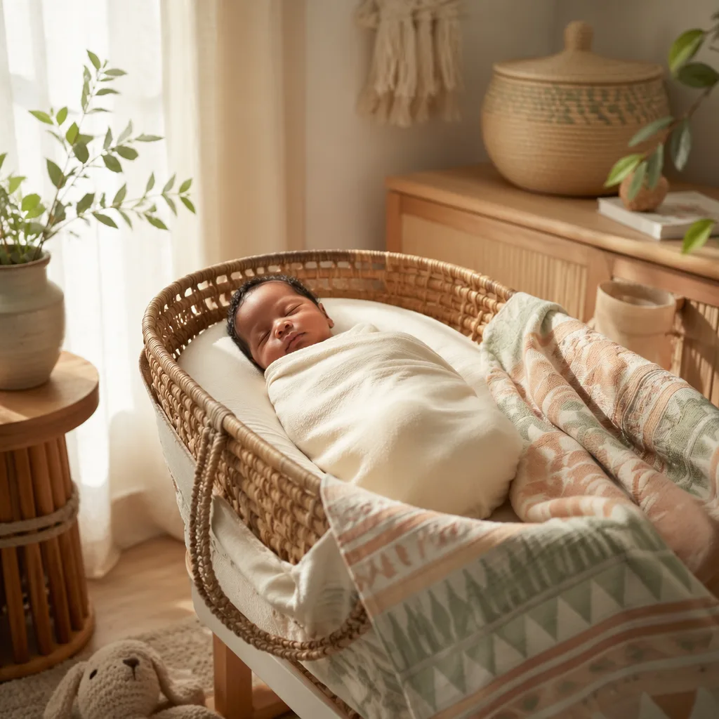Peaceful swaddled newborn in a warm pastel nursery with subtle Igbo-inspired details.