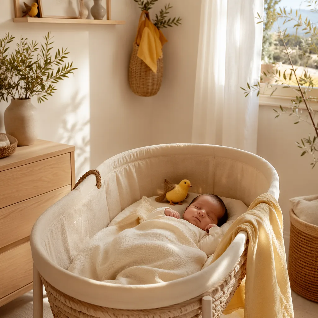 Sleeping baby in a soft Mediterranean-inspired nursery with golden oriole accents.