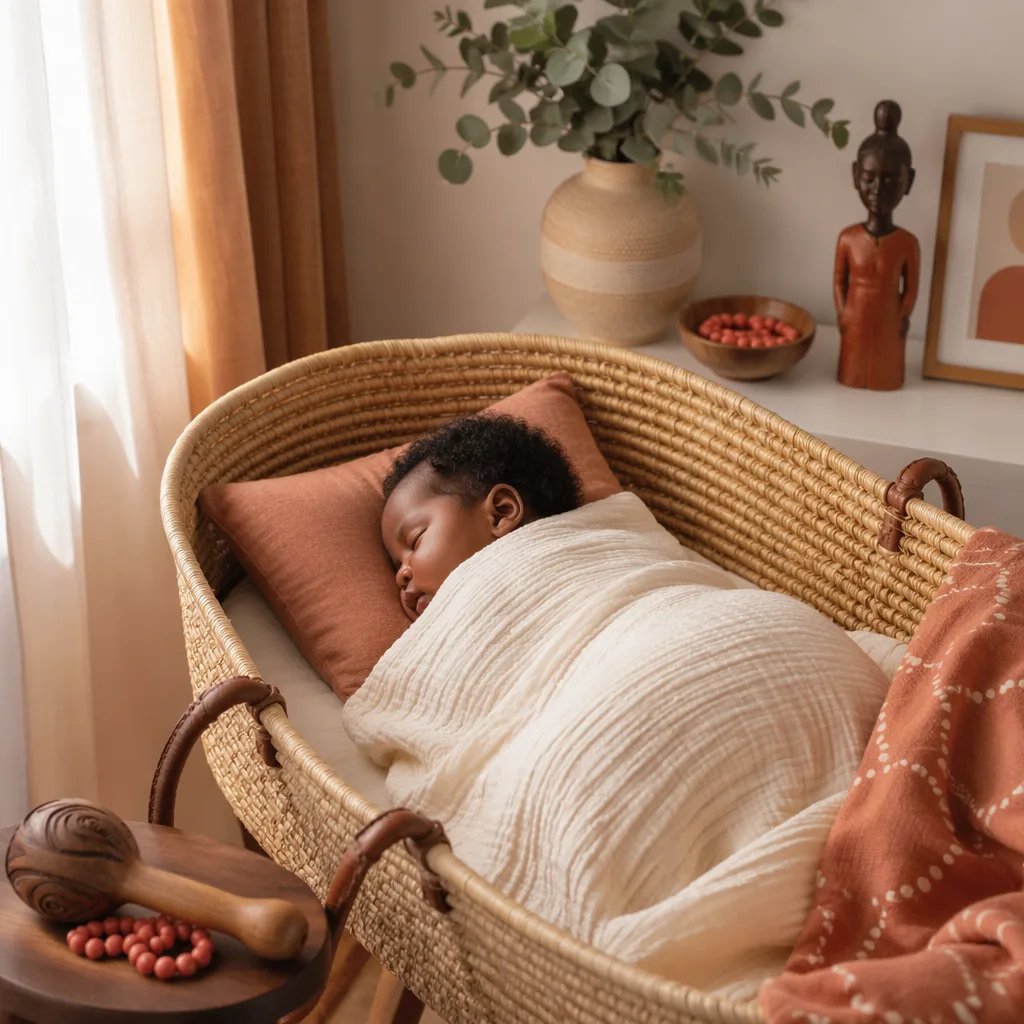 A peaceful Nigerian baby sleeping in a cozy pastel nursery with subtle Edo-inspired accents.