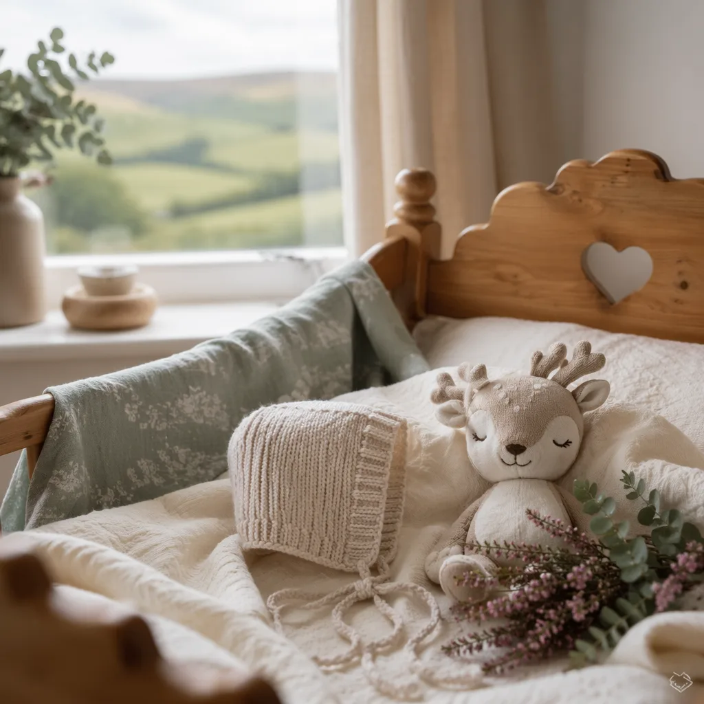 Soft Welsh-inspired nursery still-life with a knitted bonnet, deer toy, and pastel morning light.