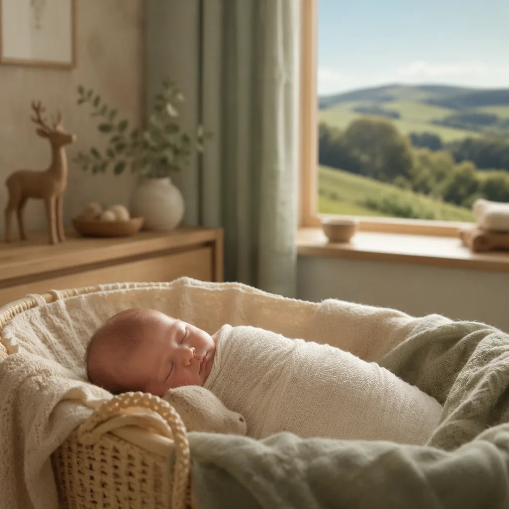 A softly lit nursery with a sleeping swaddled baby and a small wooden deer, inspired by Welsh countryside.