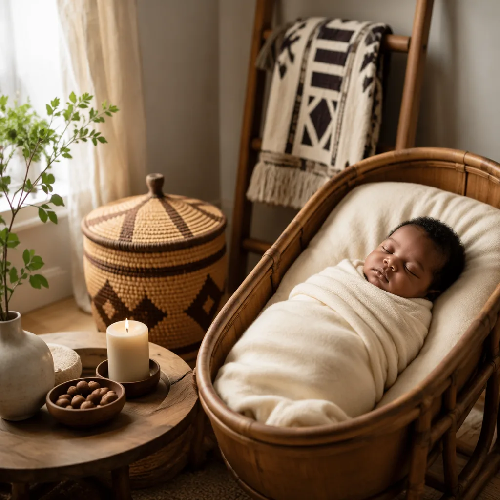 A softly lit nursery with a swaddled baby and Igbo-inspired woven accents, evoking gratitude and blessing.