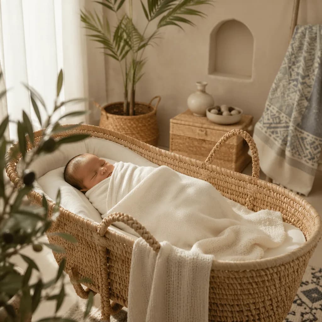 Peaceful swaddled baby in a warm Arabic-inspired nursery with soft pastel decor.