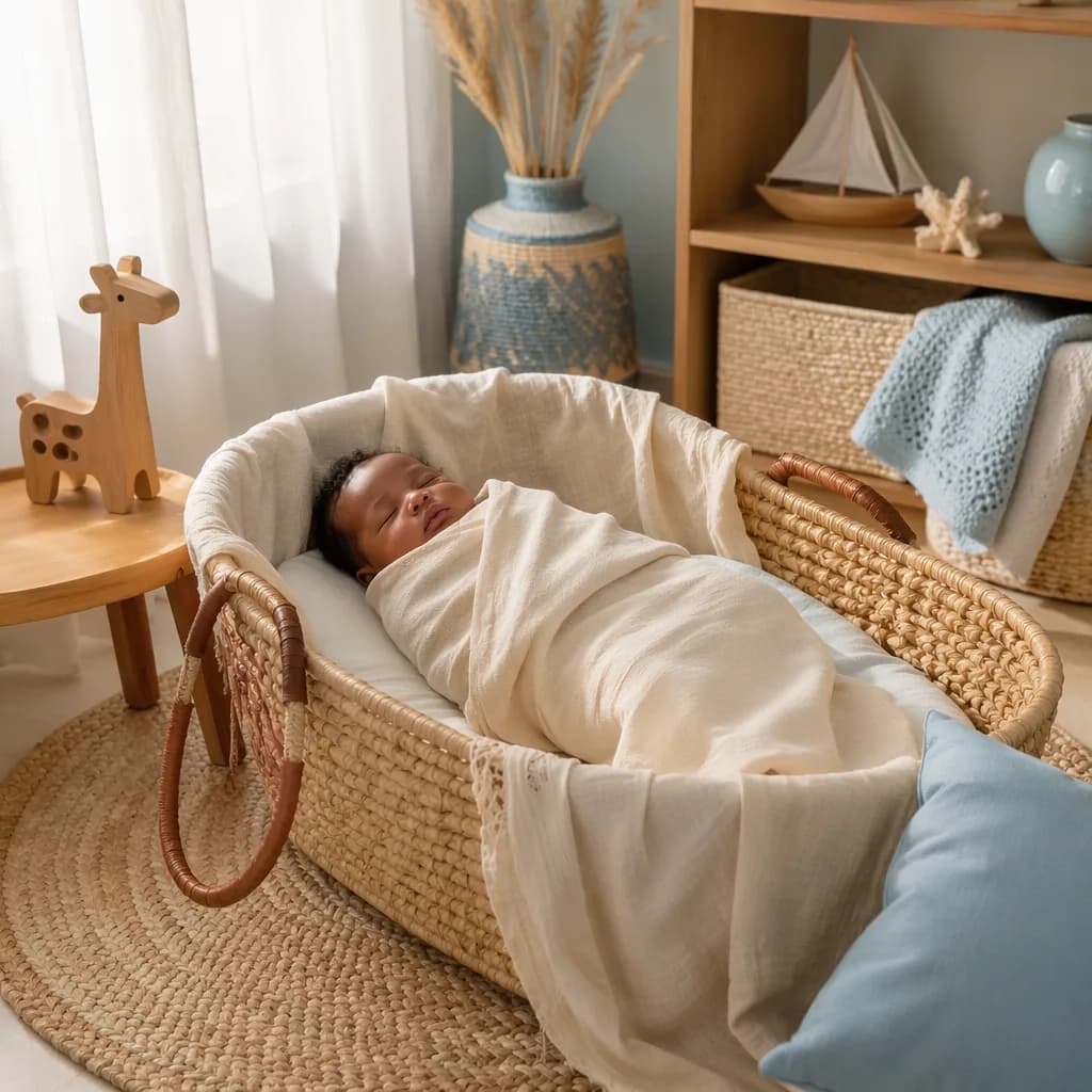 Peaceful swaddled baby in a warm coastal-inspired nursery with soft natural light.
