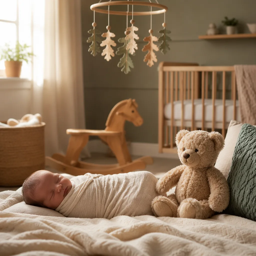 Soft pastel nursery with a swaddled sleeping baby, teddy bear, and oak leaf mobile.