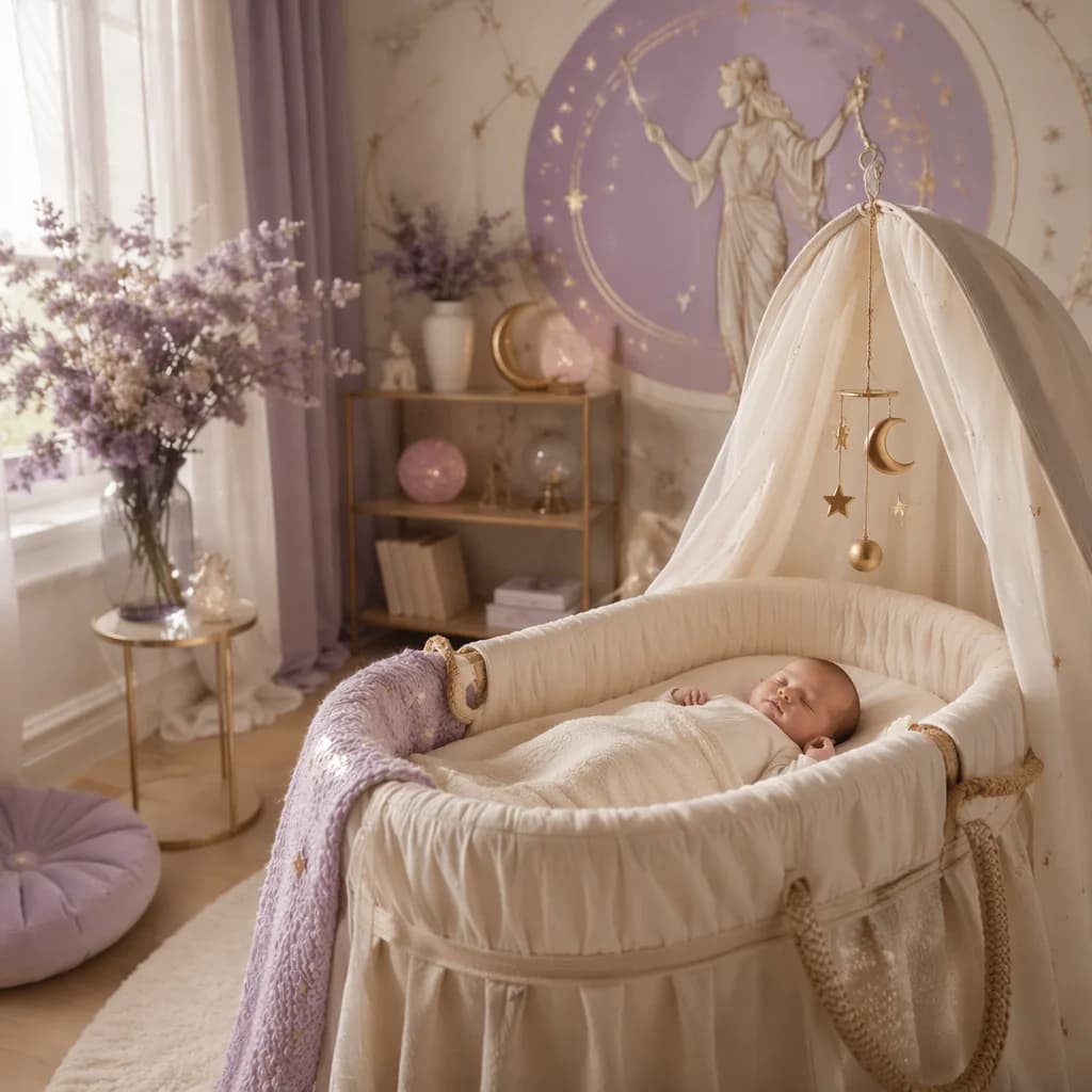 Peaceful nursery scene with a sleeping baby, celestial accents, and soft violet flowers.