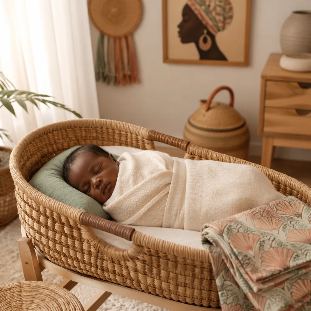 Sleeping Nigerian newborn in a warm pastel nursery with subtle heritage-inspired textiles