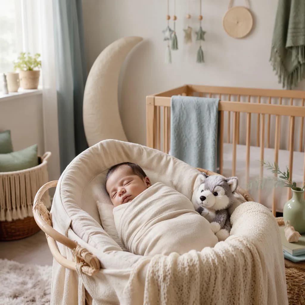 Sleeping swaddled baby in a soft pastel nursery with a small plush wolf toy.