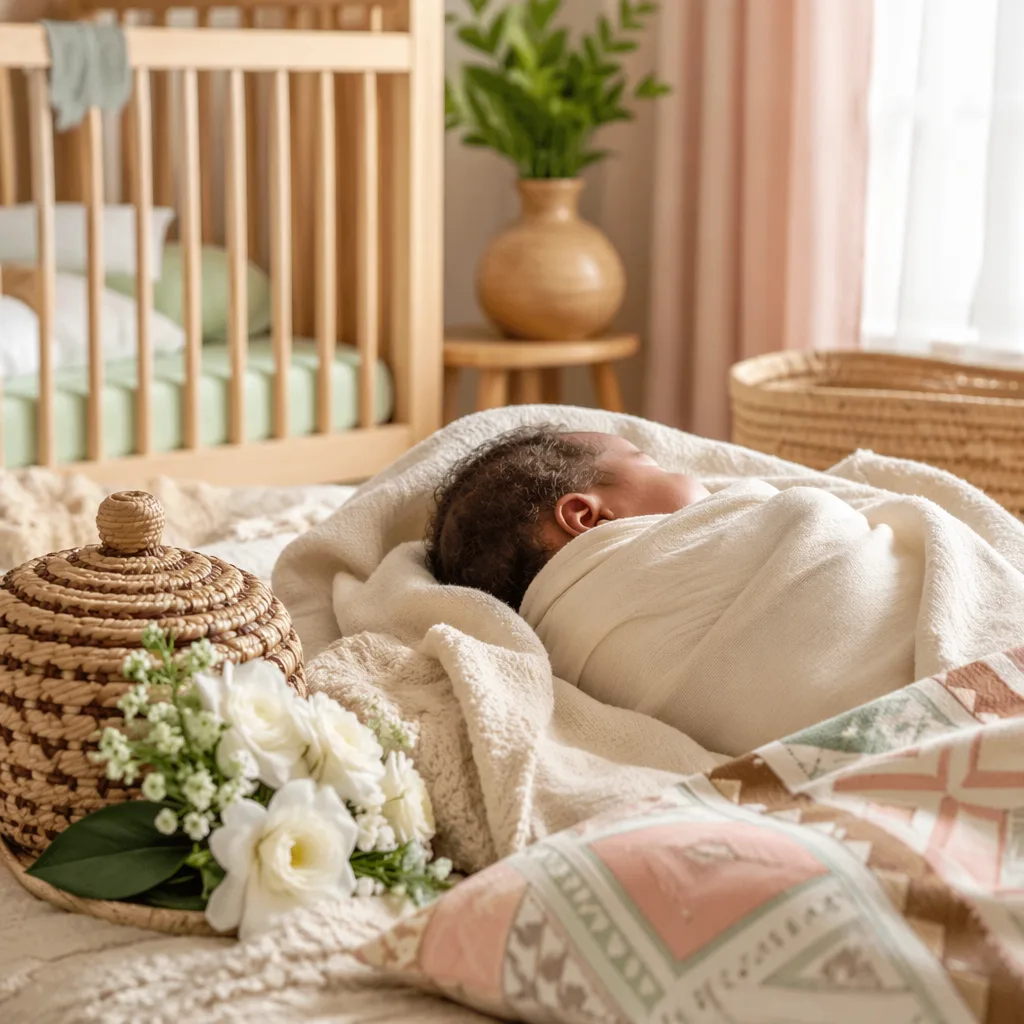 Peaceful newborn in a softly lit nursery with gentle Igbo-inspired accents.