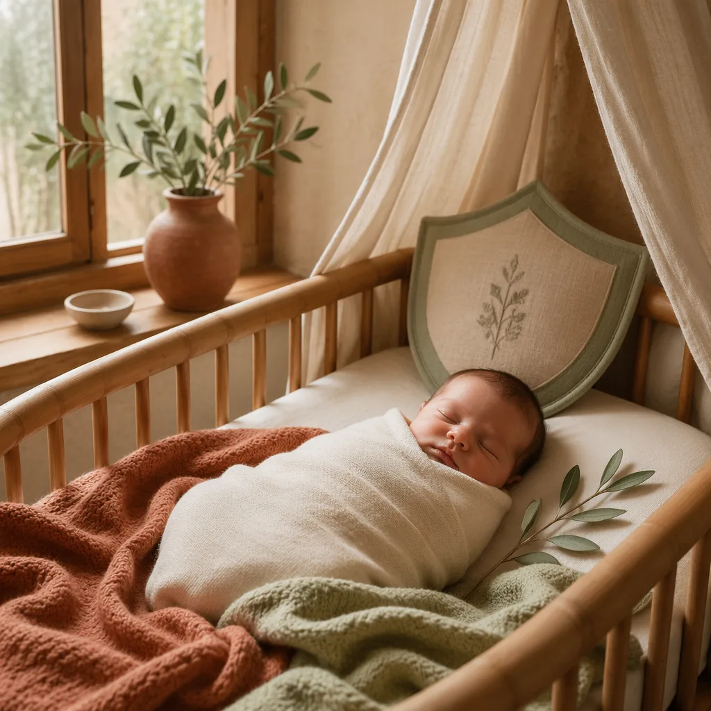 Sleeping newborn in a warm pastel Spanish-inspired nursery with soft protective details.