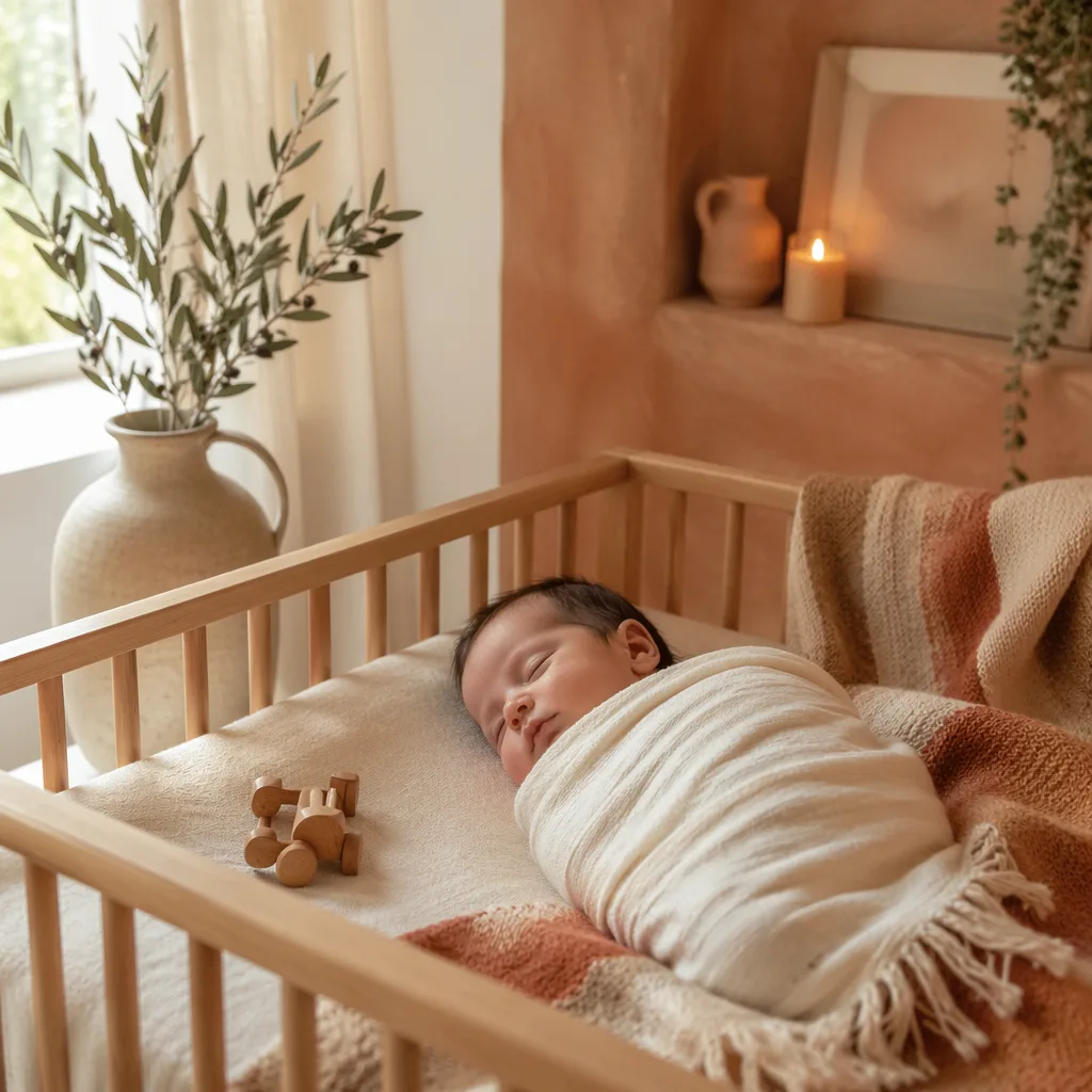 Sleeping baby in a warm Spanish-inspired nursery with soft Mediterranean details.