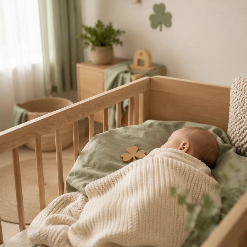 A cozy Irish-inspired nursery with a peacefully resting baby and soft green accents.