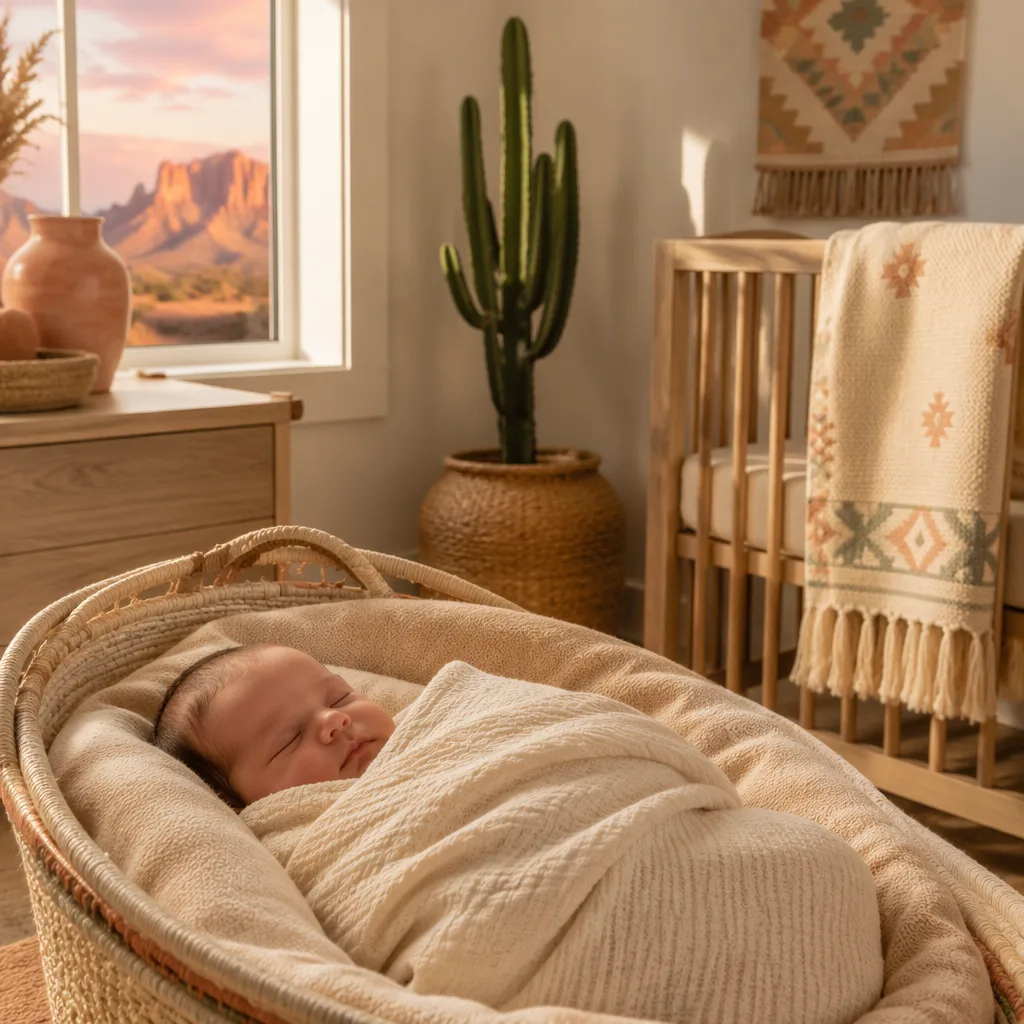 Sleeping baby in a warm pastel nursery with gentle desert-inspired decor
