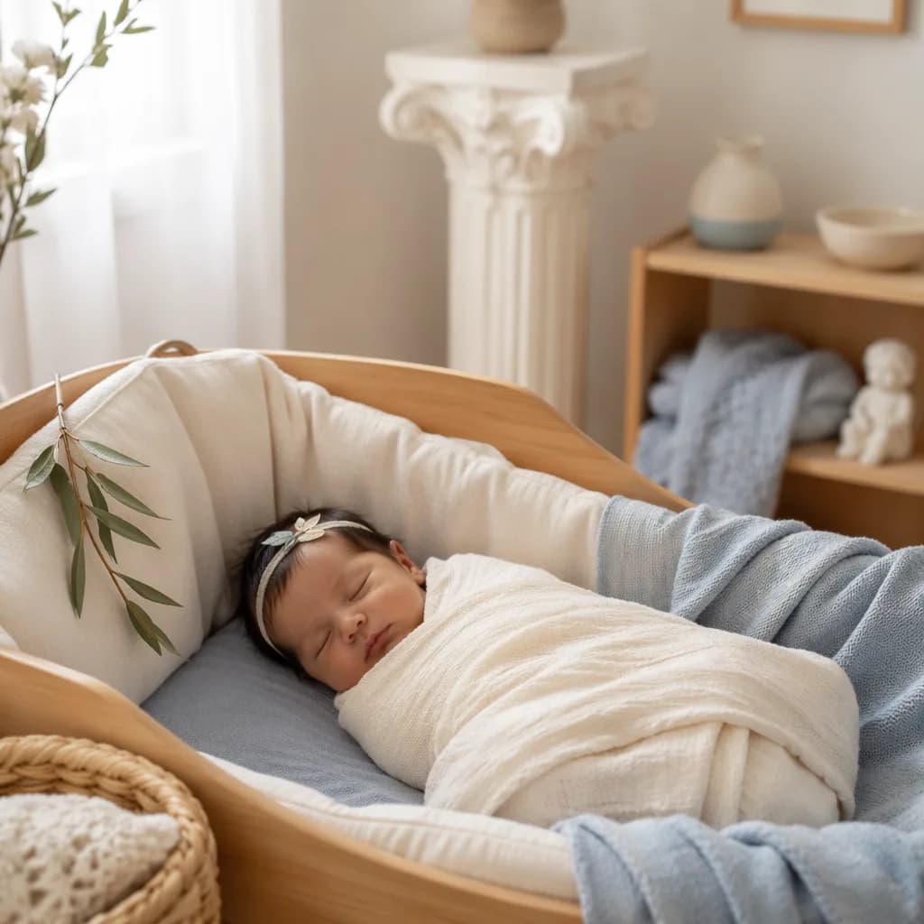 Sleeping newborn in a soft Greek-inspired nursery with olive branch and pastel blue accents.