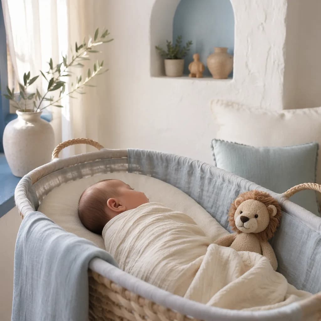 Sleeping baby in a soft Greek-inspired nursery with an olive branch and lion plush.