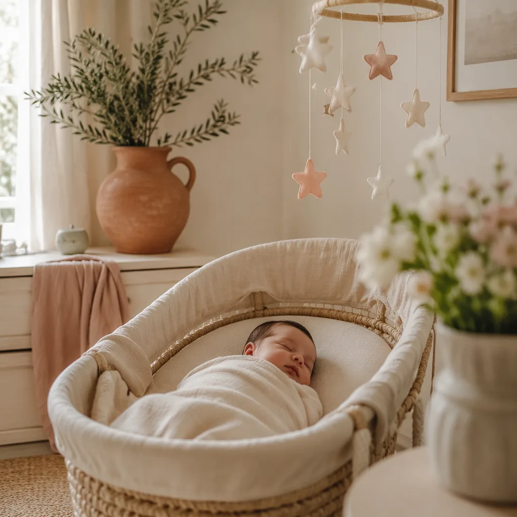 Soft pastel Italian nursery with a sleeping swaddled baby, olive branches, and a delicate star mobile.