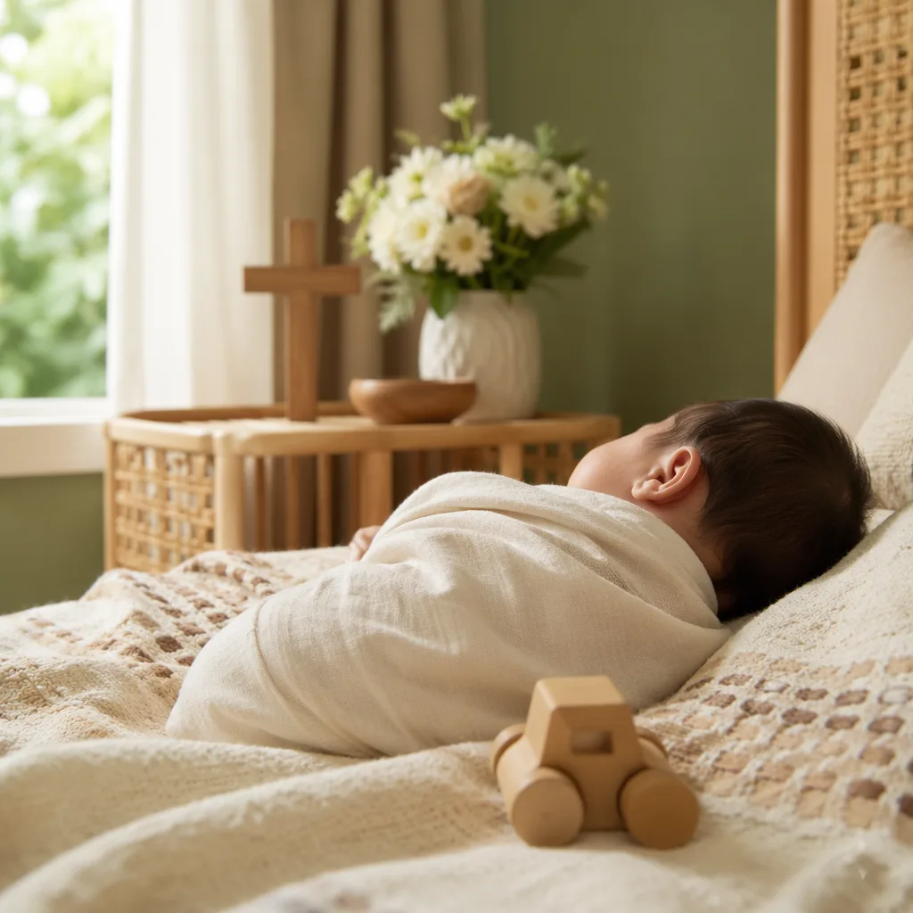A softly lit cozy nursery with a swaddled Filipino baby and gentle symbolic details.
