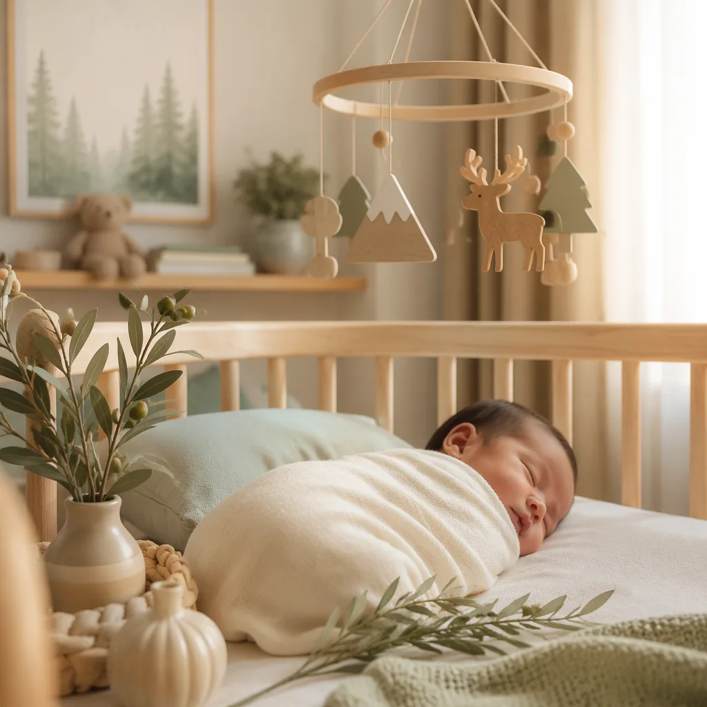 Peaceful Filipino baby in a soft pastel nursery with olive, laurel, and forest-inspired details.