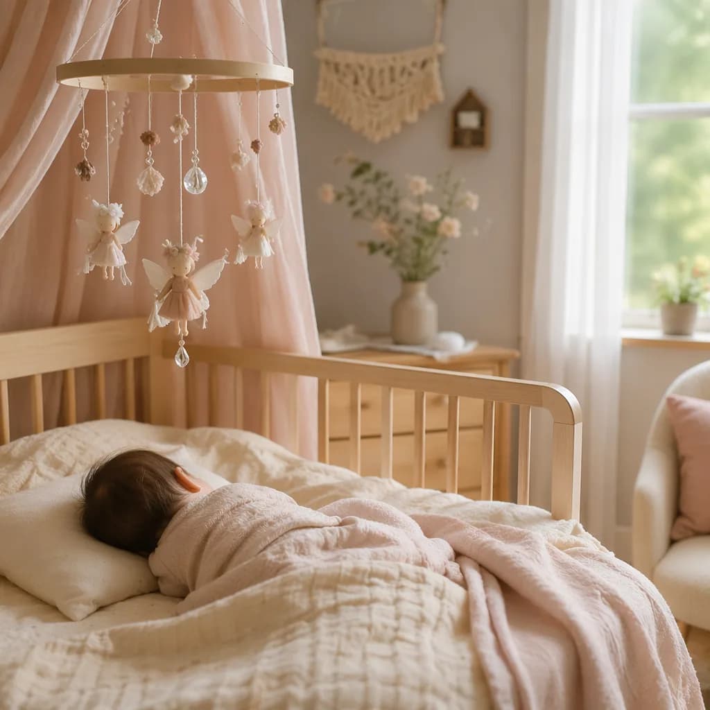 Soft pastel nursery with a peaceful baby, fairy mobile, and dewdrop-inspired decor.