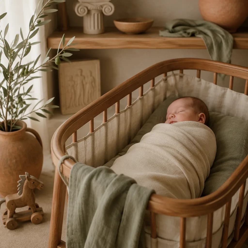 Sleeping baby in a soft Greek-inspired nursery with olive branch and wooden toy horse.