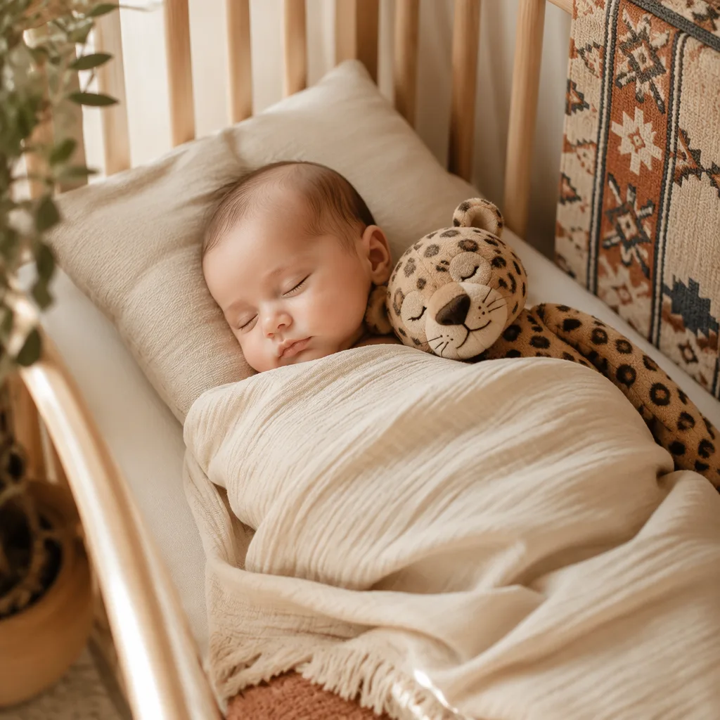 Sleeping baby in a soft nursery with a plush leopard toy and Turkish-inspired textiles.