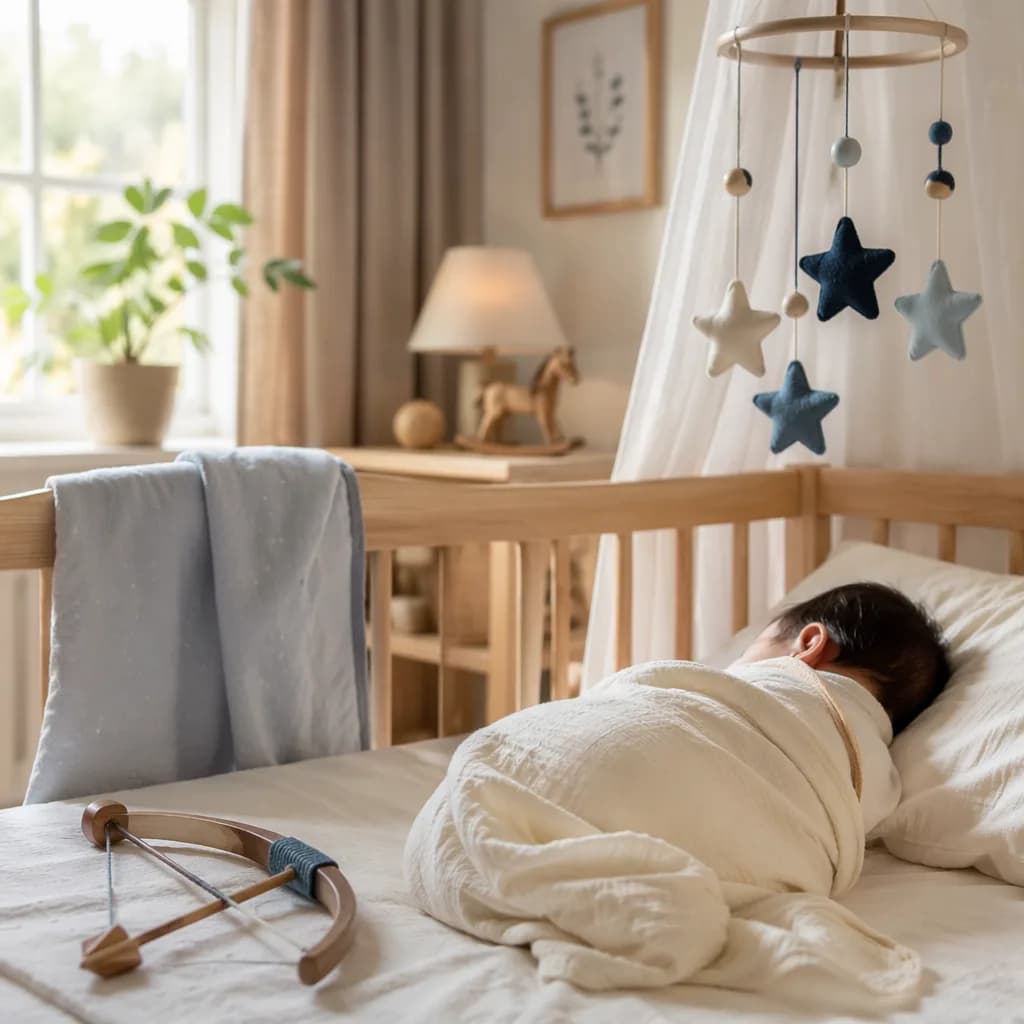 Sleeping baby in a soft nursery with wooden bow toy and star mobile.