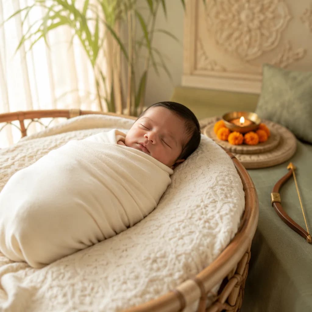 Sleeping baby in a warm pastel nursery with subtle Sanskrit-inspired decor.