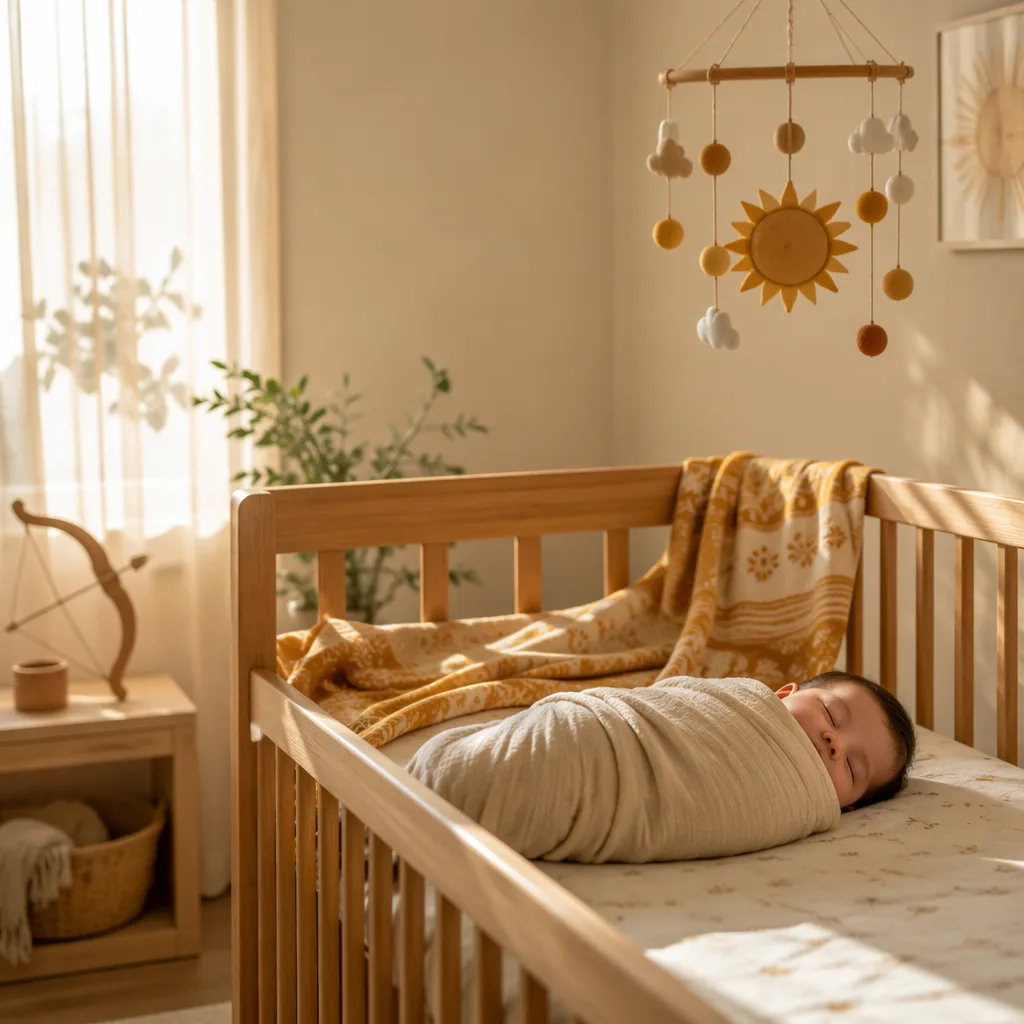 A peaceful pastel nursery with a swaddled sleeping baby, soft sunlight, and subtle sun and bow-inspired decor.