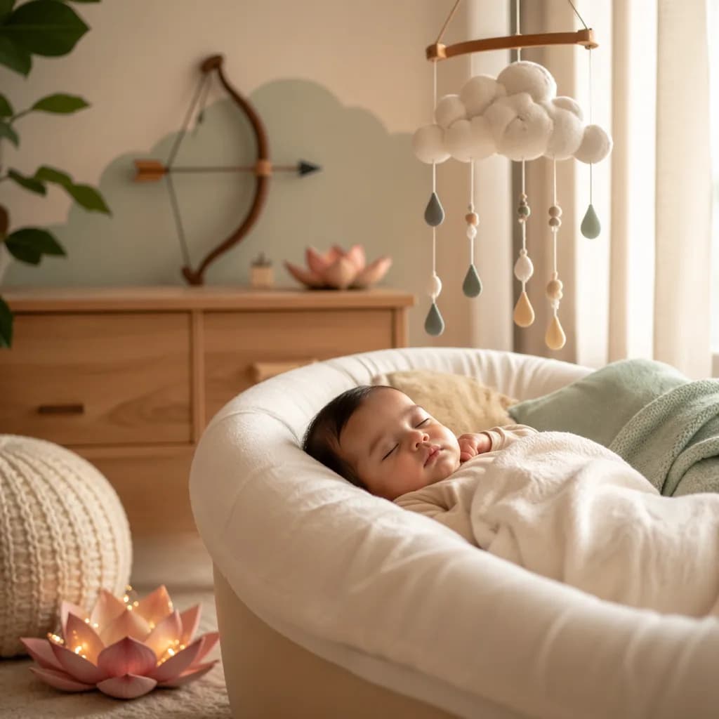 Peaceful baby in a soft pastel nursery with symbolic bow, lotus, and cloud mobile decor.