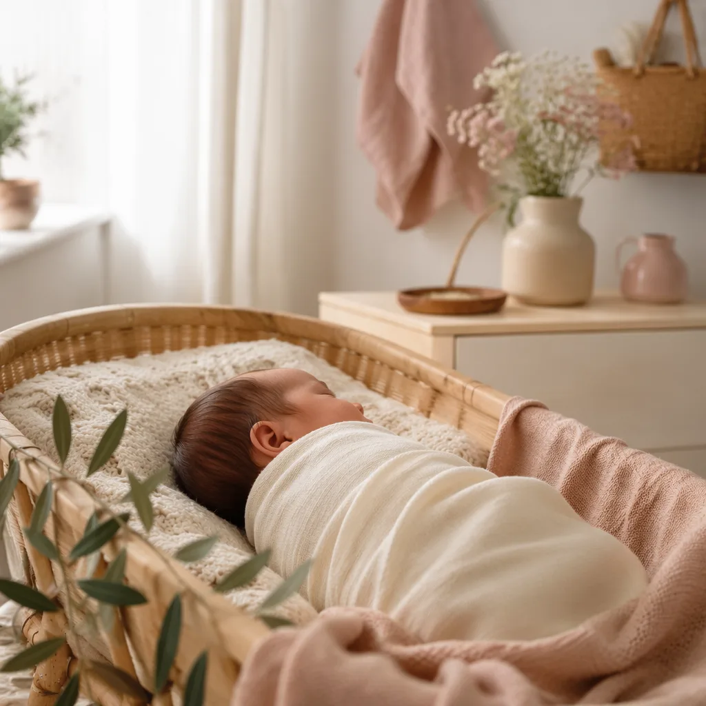 Sleeping newborn in a soft pastel Spanish-inspired nursery with olive branch and wildflowers.
