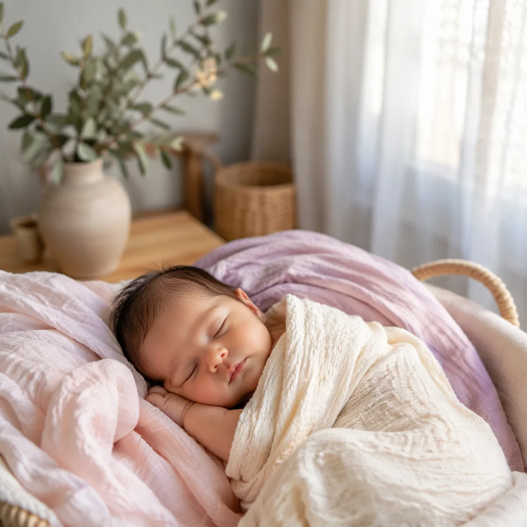 Peaceful newborn in a soft pastel Spanish-inspired nursery with warm natural light.