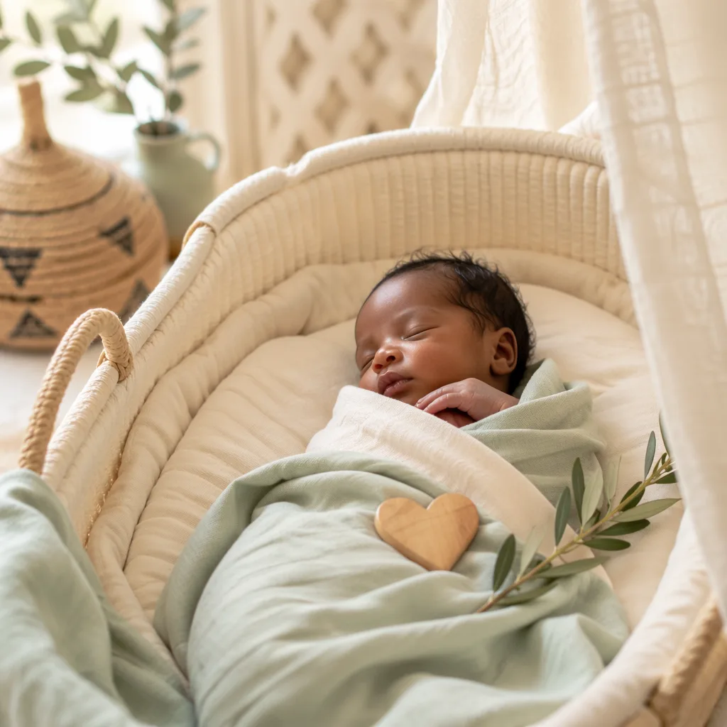 Peaceful newborn in a soft pastel nursery with gentle love and peace symbols.