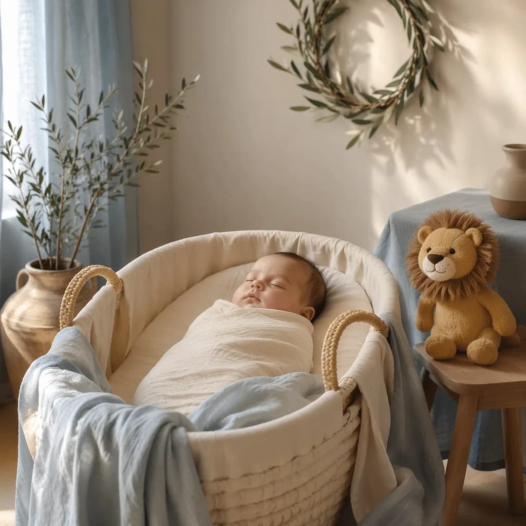 A peaceful Greek-inspired nursery with a swaddled baby, olive branch decor, and a plush lion.